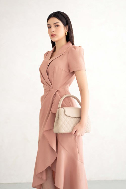 Sixdo Salmon V-neck Raw Midi Dress